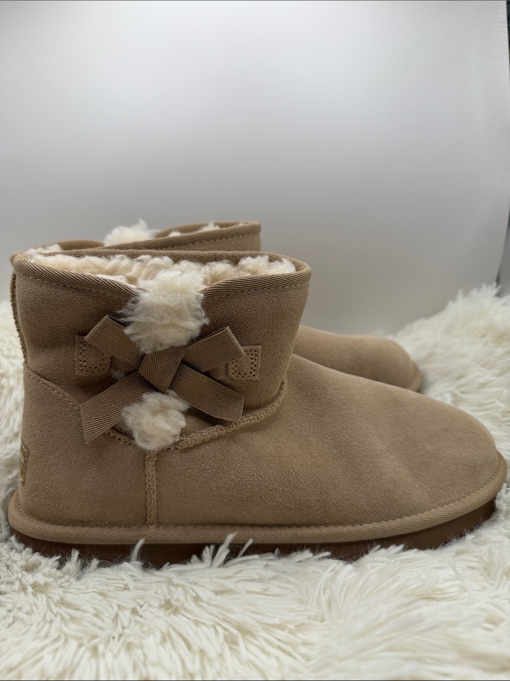Koolaburra Tan Suede Bow Shearling Ankle Booties